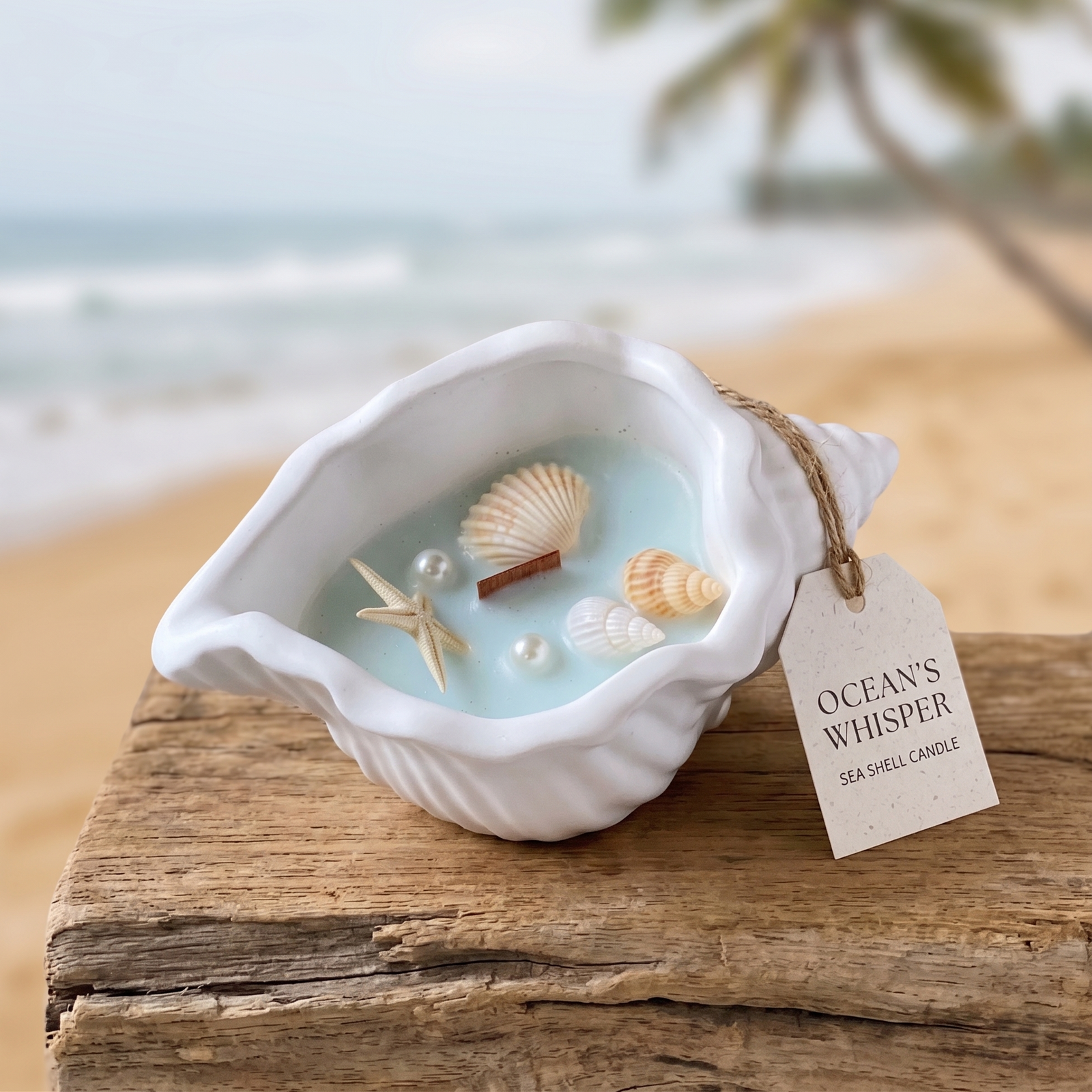 A sea shell-shaped candle sits on a rustic wooden block with a blurred beach and palm tree background. The candle has a white shell-shaped vessel filled with pale blue wax and decorated with small seashells, starfish, pearls, and a cinnamon stick.