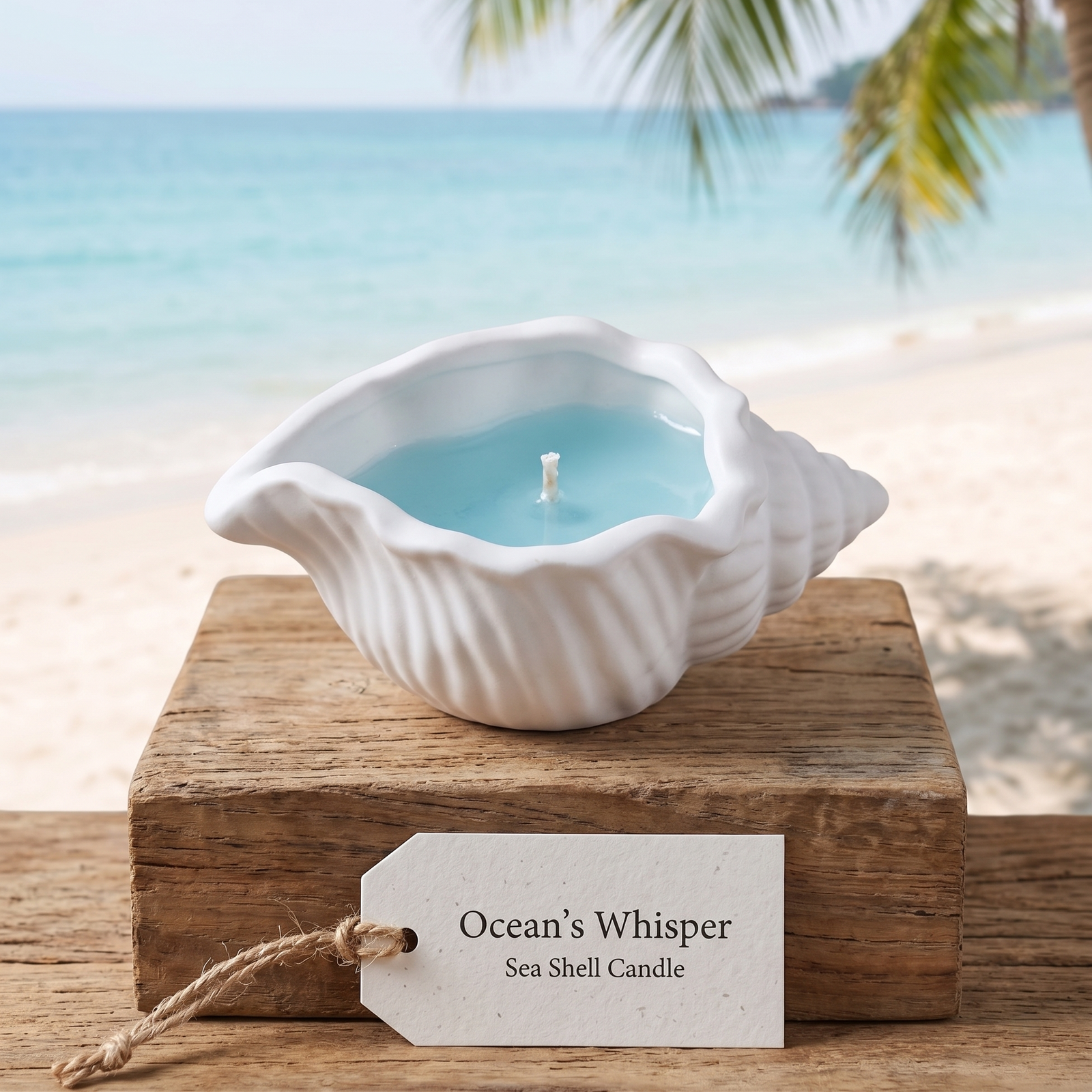 A sea shell-shaped candle in a white ribbed shell vessel sits on a wooden block with a beach backdrop. The candle wax is light blue, and a hanging tag reads 'Ocean's Whisper Sea Shell Candle.