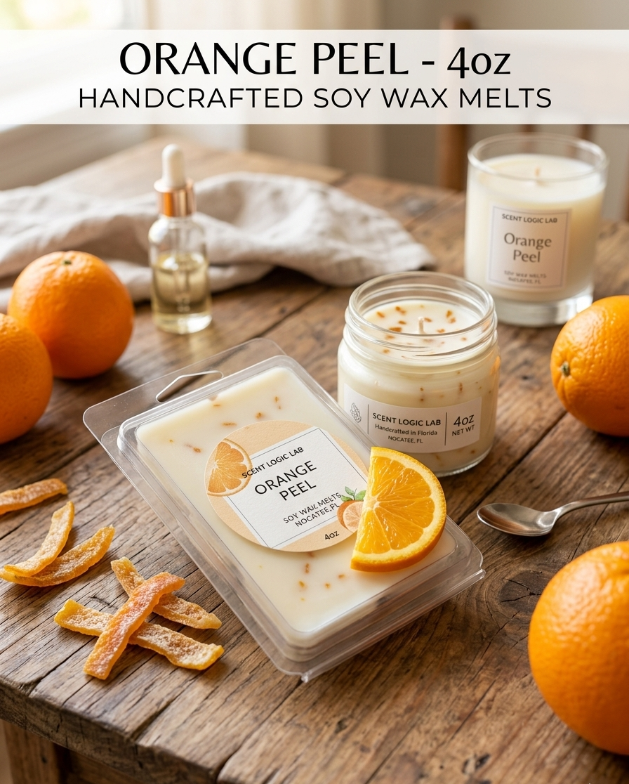 Handcrafted soy wax melts with orange peel flavor on a wooden surface with oranges and a jar.