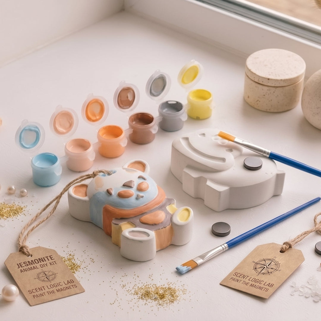 A styled flat-lay of a handmade Jesmonite animal craft kit on a white surface, surrounded by seashells, sea glass, pearls, paint pots, brushes, and decorative vases.
