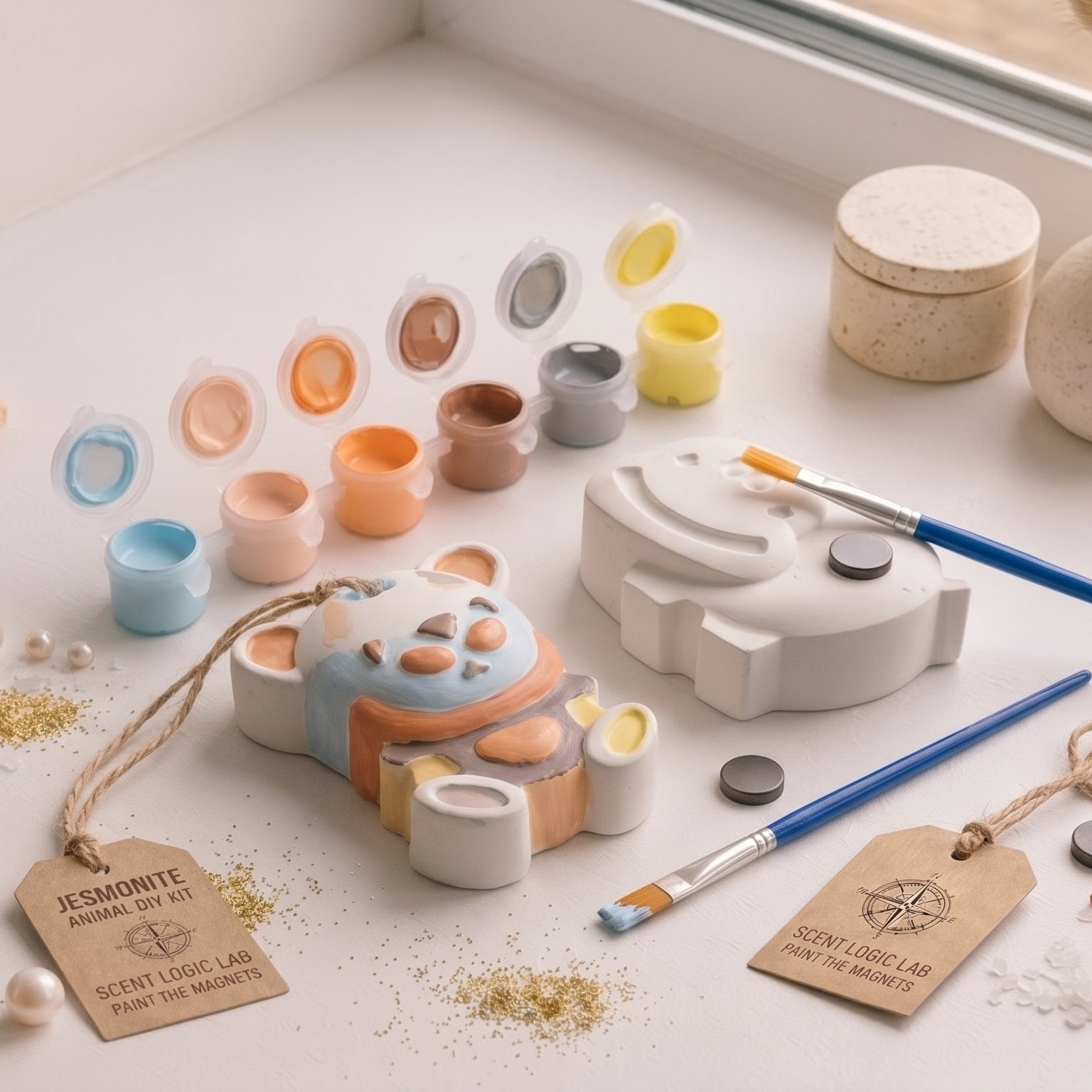 A styled flat-lay of a handmade Jesmonite animal craft kit on a white surface, surrounded by seashells, sea glass, pearls, paint pots, brushes, and decorative vases.