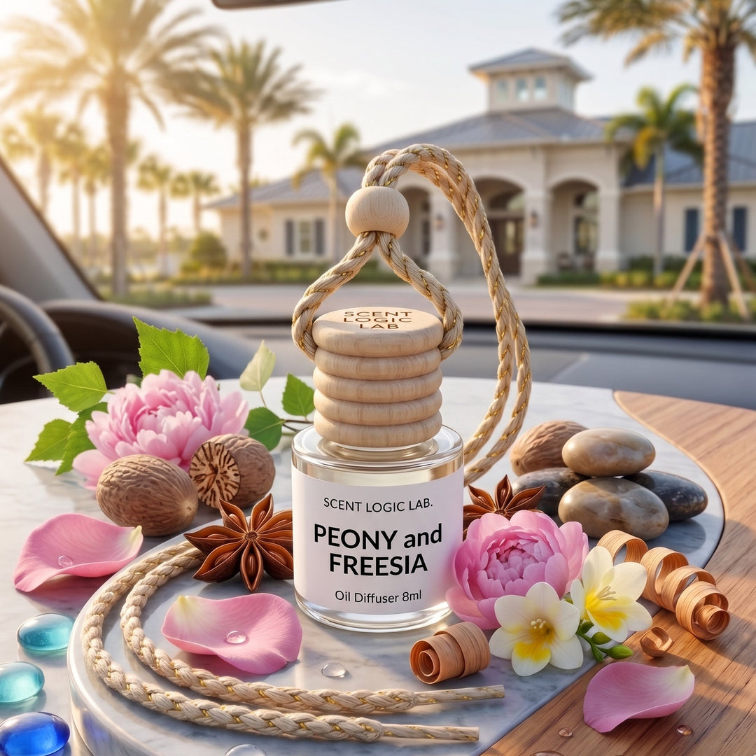 A Scent Logic Lab Peony and Freesia oil diffuser bottle with a wooden cap and hanging rope, styled on a car dashboard with pink peony flowers, blue stones, and a wooden sign reading &