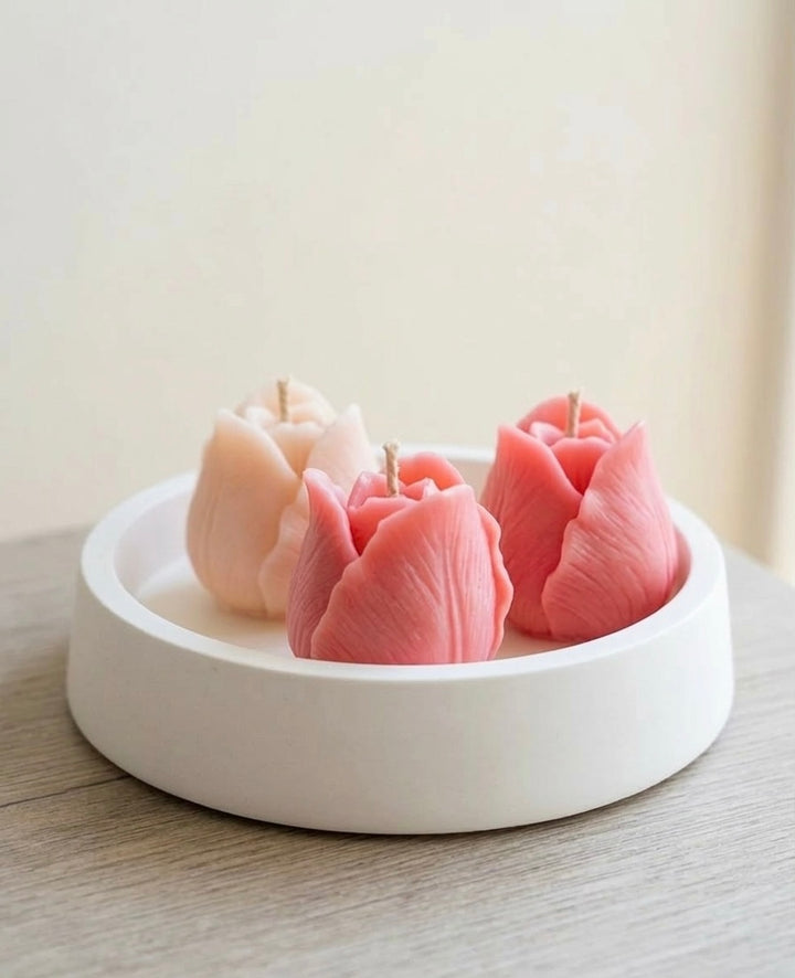 Handcrafted Tulip Candle Trio in Artisan Jesmonite Bowl