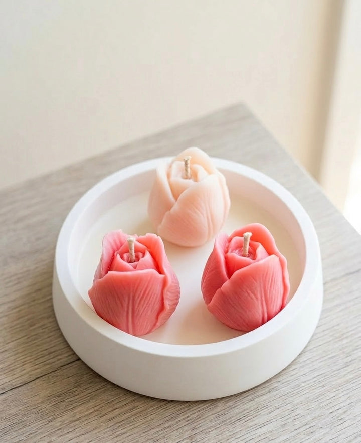 Handcrafted Tulip Candle Trio in Artisan Jesmonite Bowl