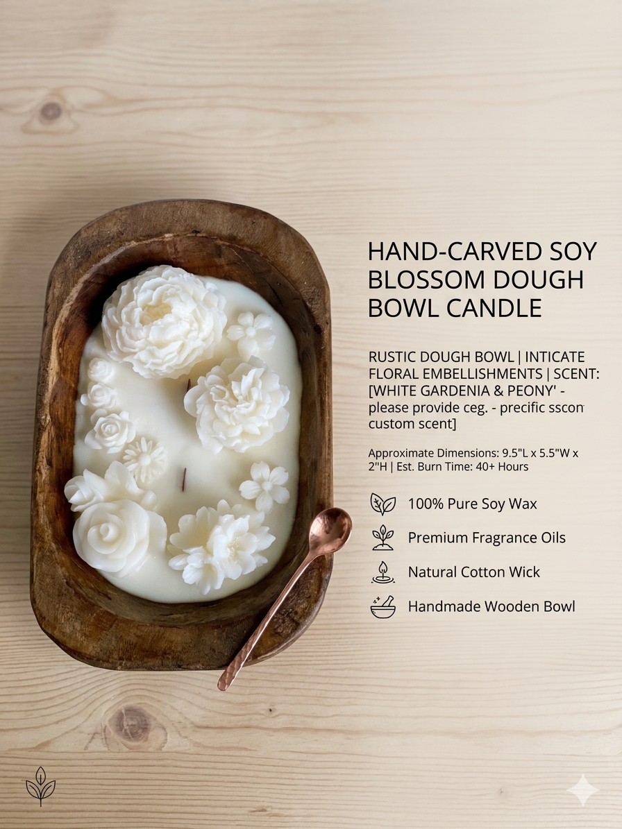 Hand-carved soy blossom dough bowl candle on a wooden surface with product details.