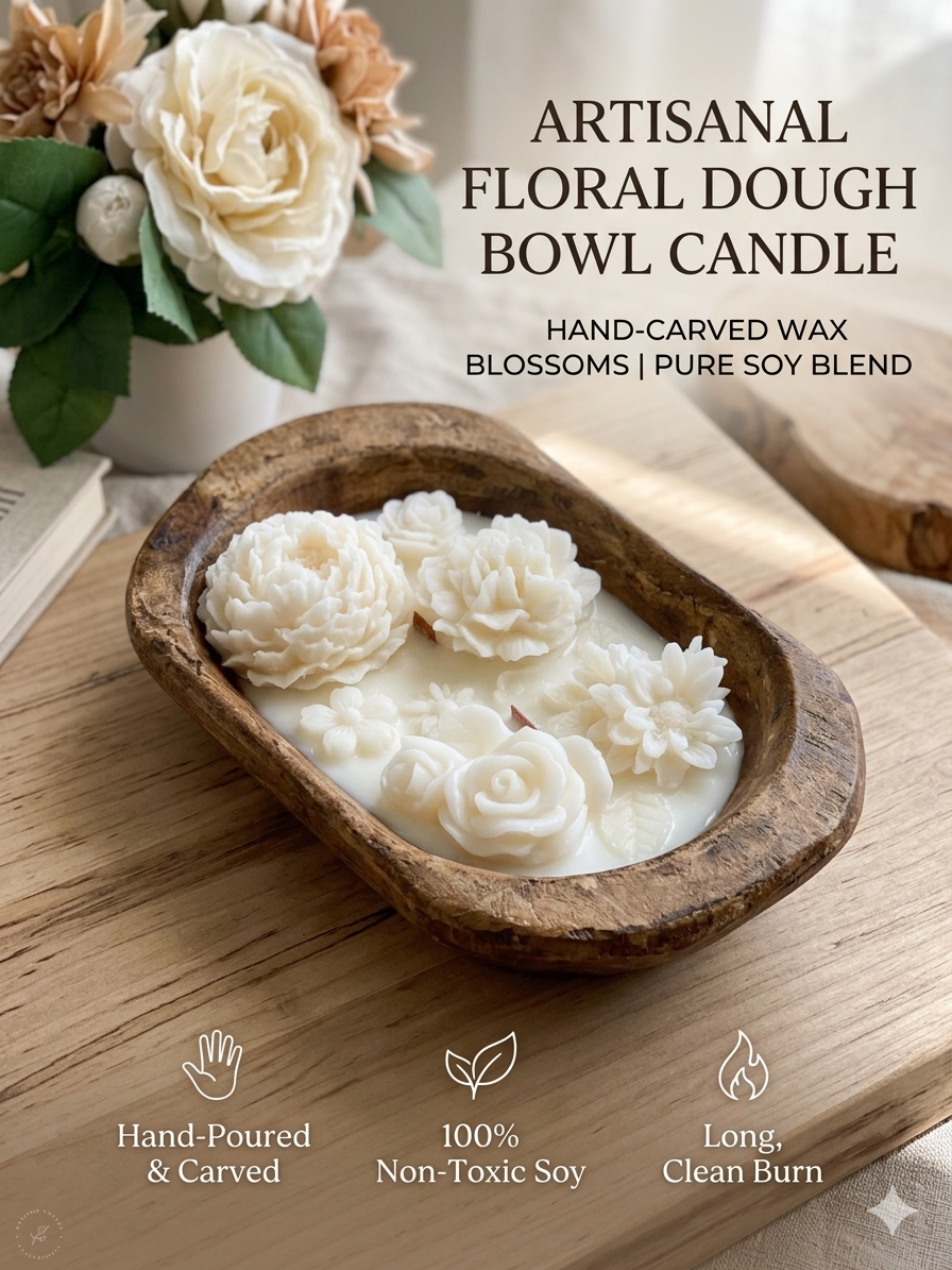 Artisanal floral dough bowl candle with hand-carved wax blossoms on a wooden surface.