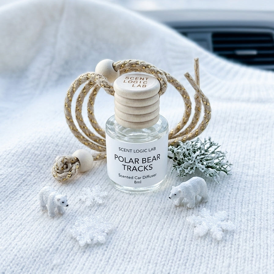 A clear glass car diffuser bottle labeled 'SCENT LOOKAR POLAR BEAR TRACKS' sits on a white knit blanket with decorative rope, small polar bear figurines, snowflake ornaments, and a frosted green sprig. The background shows a blurred car interior and snowy outdoor scene.