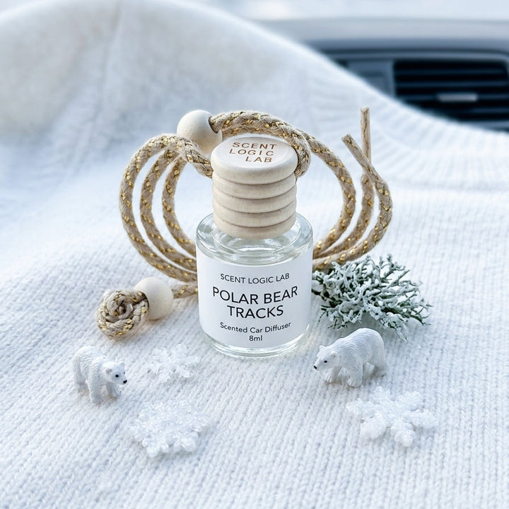 A clear glass car diffuser bottle labeled &