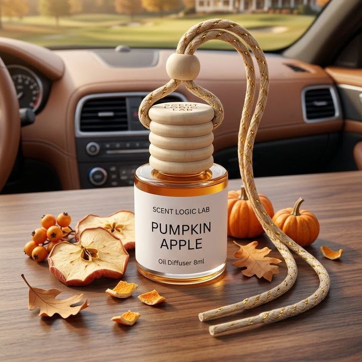 A glass oil diffuser bottle labeled &