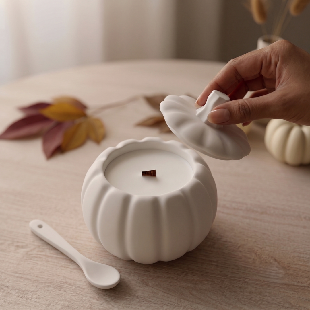 A white pumpkin-shaped candle with a matching lid being held by a hand, accompanied by a small spoon on a light wooden table with autumn leaves in the background.