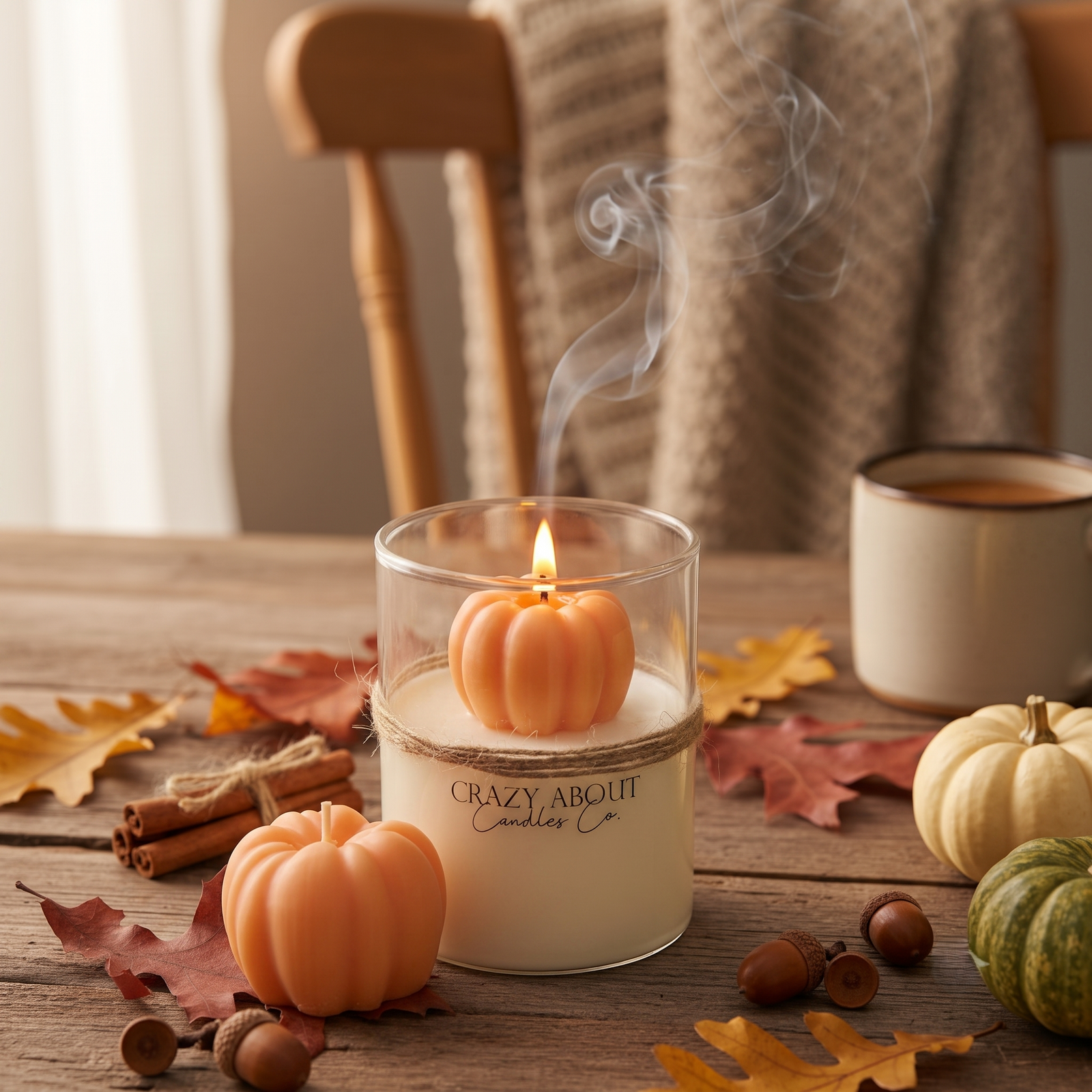 A lit scented candle in a clear glass jar sits on a rustic wooden table surrounded by fall decor, including small pumpkins, acorns, cinnamon sticks, and autumn leaves. A mug and a wooden chair are blurred in the background, creating a cozy indoor setting.