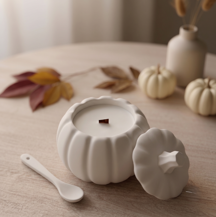 A white pumpkin-shaped candle with its lid off, placed on a light wood table with a small spoon beside it. The scene includes decorative pumpkins, leaves, and a vase in the softly blurred background.