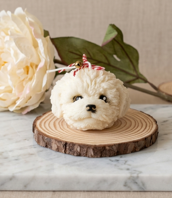 Cute Puppy Sculpture Candle – Hand-Poured Soy Wax | Ivory, Brown &amp; Pink