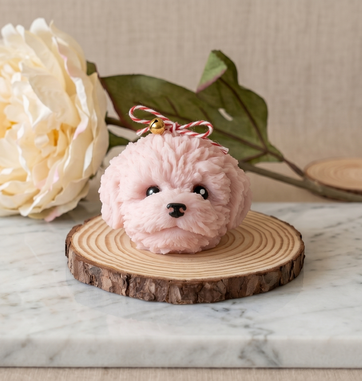 Cute Puppy Sculpture Candle – Hand-Poured Soy Wax | Ivory, Brown &amp; Pink