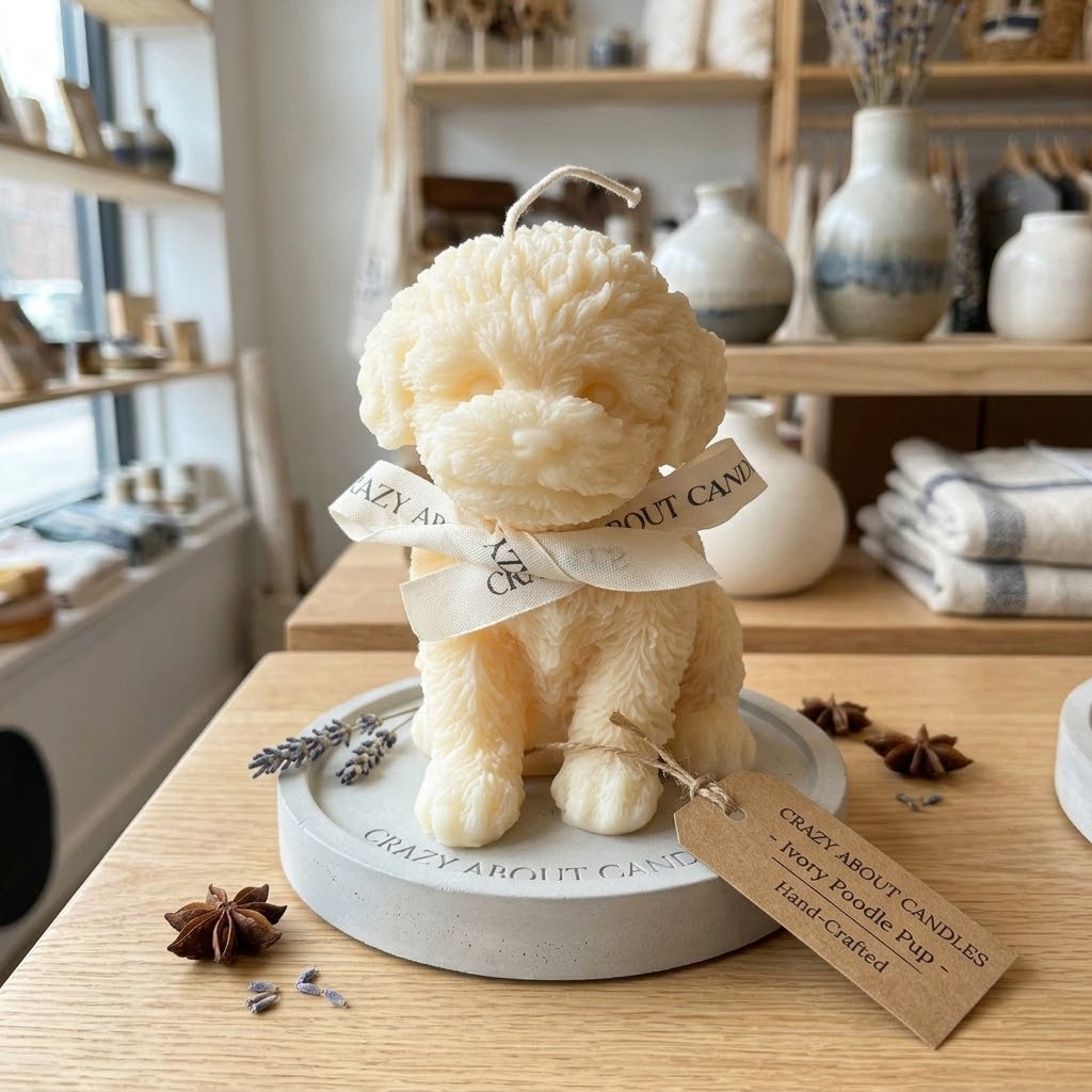 A novelty candle shaped like a fluffy cream-colored puppy sitting on a round white base, with a cream ribbon tied around its neck and a hanging tag that reads 'Crazy About Candles - Puppy Boodle Pup - Hand-Crafted.' The candle is displayed on a wooden table in a softly lit home decor setting with shelves and vases in the background.
