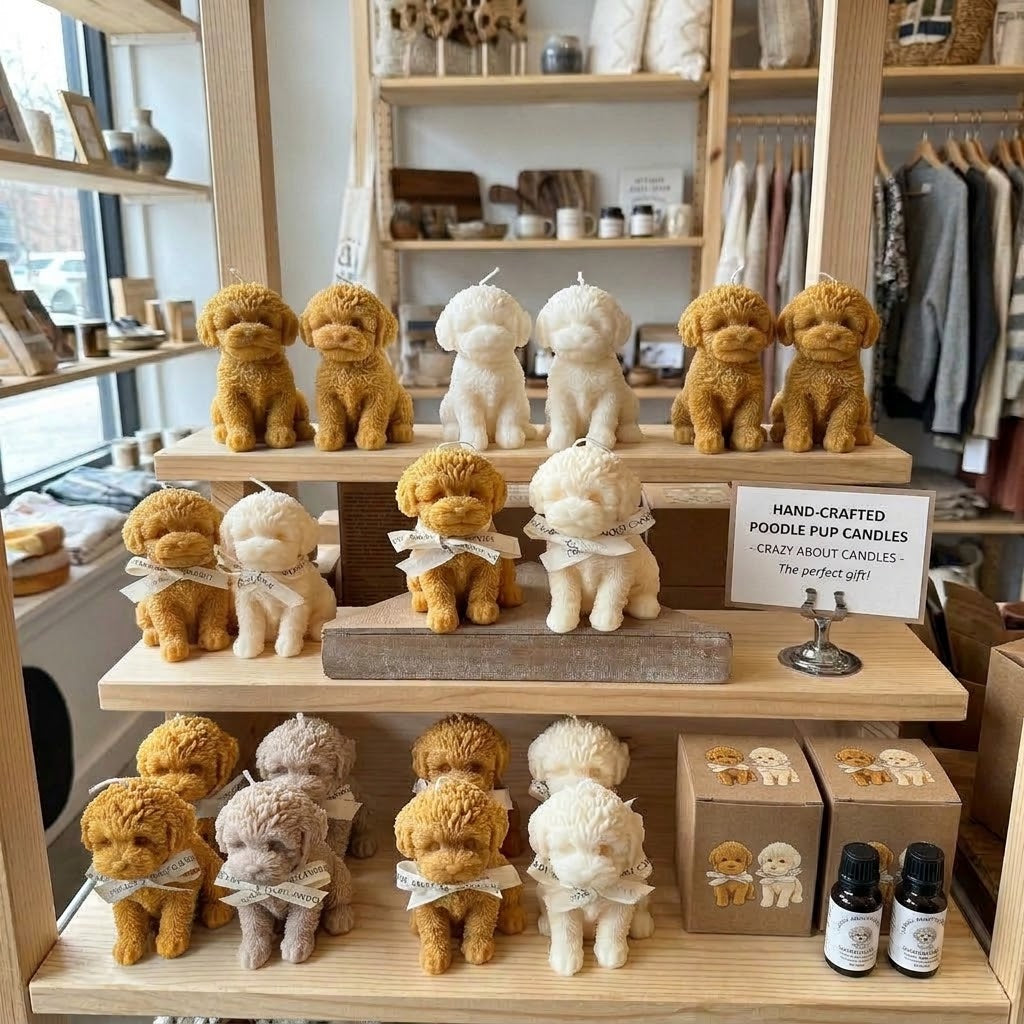 Puppy Candles on store shelves by Crazy About Candles