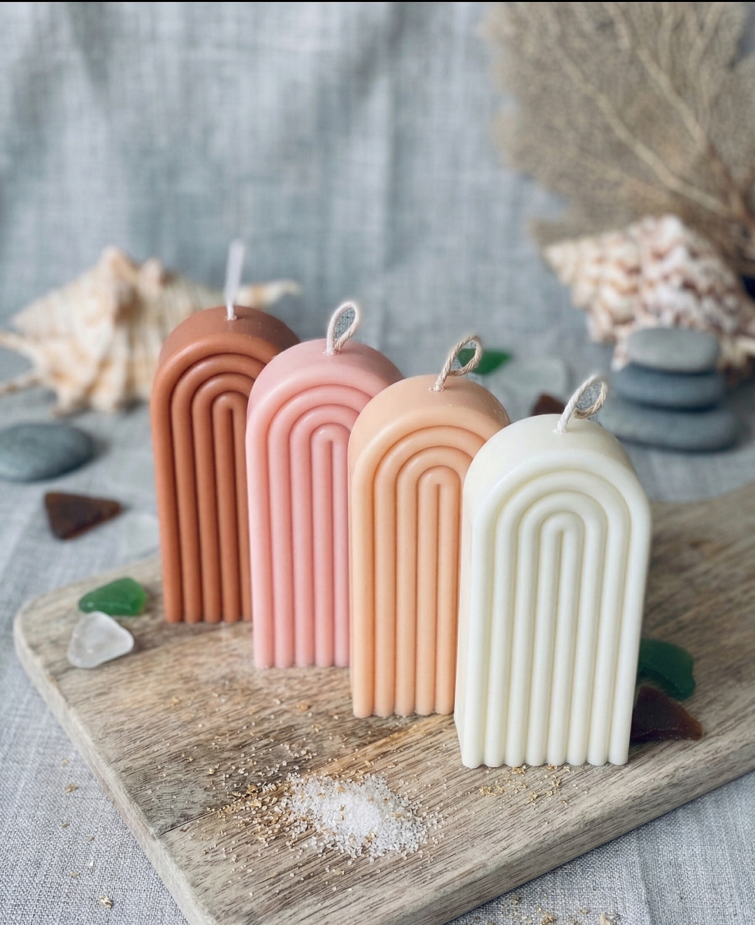 Rainbow Arch Candle Set of 4 – Ivory, Peach, Dusty Rose &amp; Toasted Almond Hand-Poured Soy Wax Arch Candles
