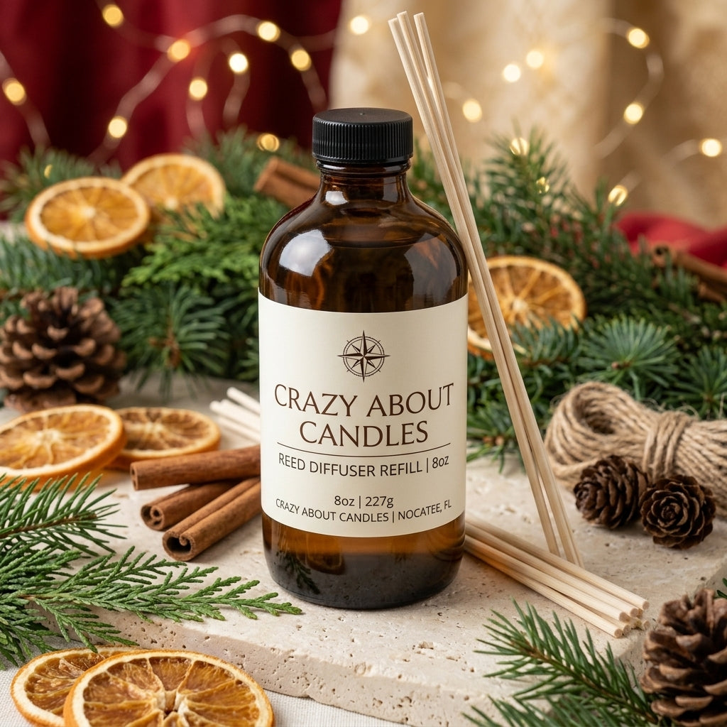 An amber glass reed diffuser refill bottle with a black cap and a cream label reading 'Crazy About Candles' is styled with wooden reeds, evergreen branches, pinecones, cinnamon sticks, and dried orange slices on a stone surface with warm fairy lights in the background.