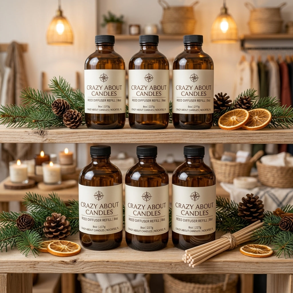 Six amber glass diffuser/refill bottles with black caps and cream labels reading 'Crazy About Candles' are arranged on rustic wooden shelves with pine branches, pinecones, dried orange slices, and lit candles in a warm indoor setting.