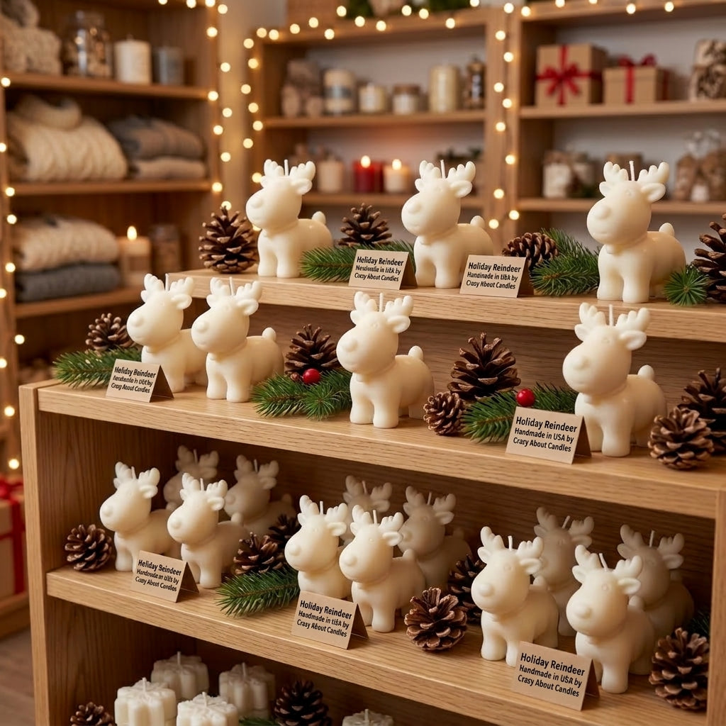 Multiple white holiday reindeer figurines displayed on wooden shelves, surrounded by pinecones, evergreen branches, and small product tags in a warmly lit shop interior.