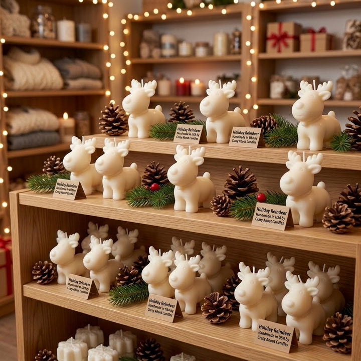 Multiple white holiday reindeer figurines displayed on wooden shelves, surrounded by pinecones, evergreen branches, and small product tags in a warmly lit shop interior.