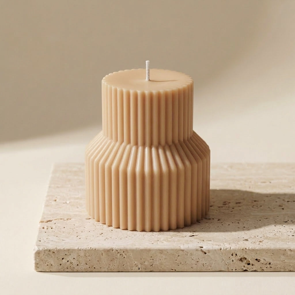 A two-tiered ribbed candle in a warm beige color, displayed on a textured stone slab against a neutral beige background.