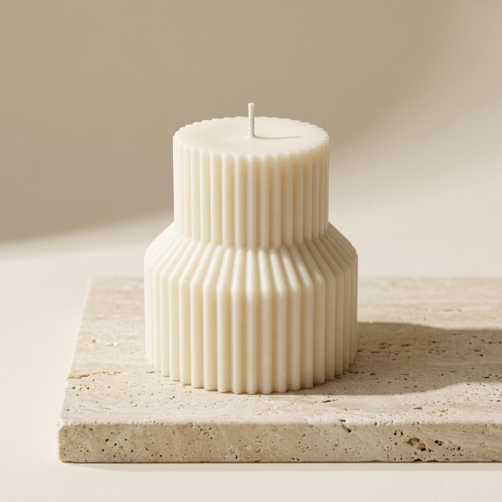 A two-tiered cream-colored ribbed candle with a single wick, displayed on a textured beige stone slab against a warm beige background.