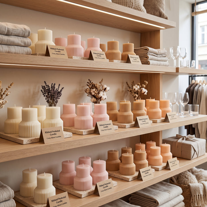 A retail display of ribbed pillar candles in soft pastel shades of cream, pink, peach, and beige, arranged on light wood shelves alongside folded textiles and glassware.