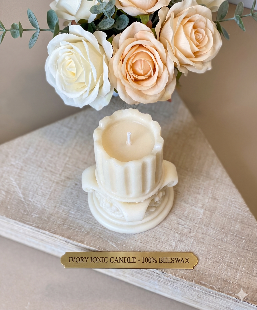 Romano Pillar Sculpture Candle – Hand-Poured Soy Wax | Ivory &amp; Brown