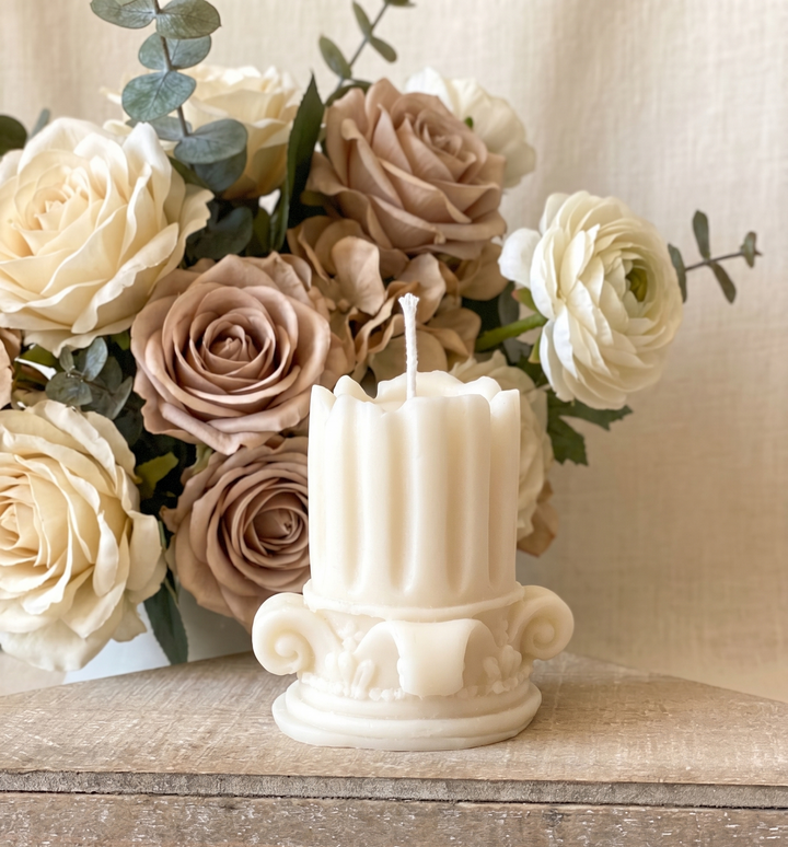 Romano Pillar Sculpture Candle – Hand-Poured Soy Wax | Ivory &amp; Brown