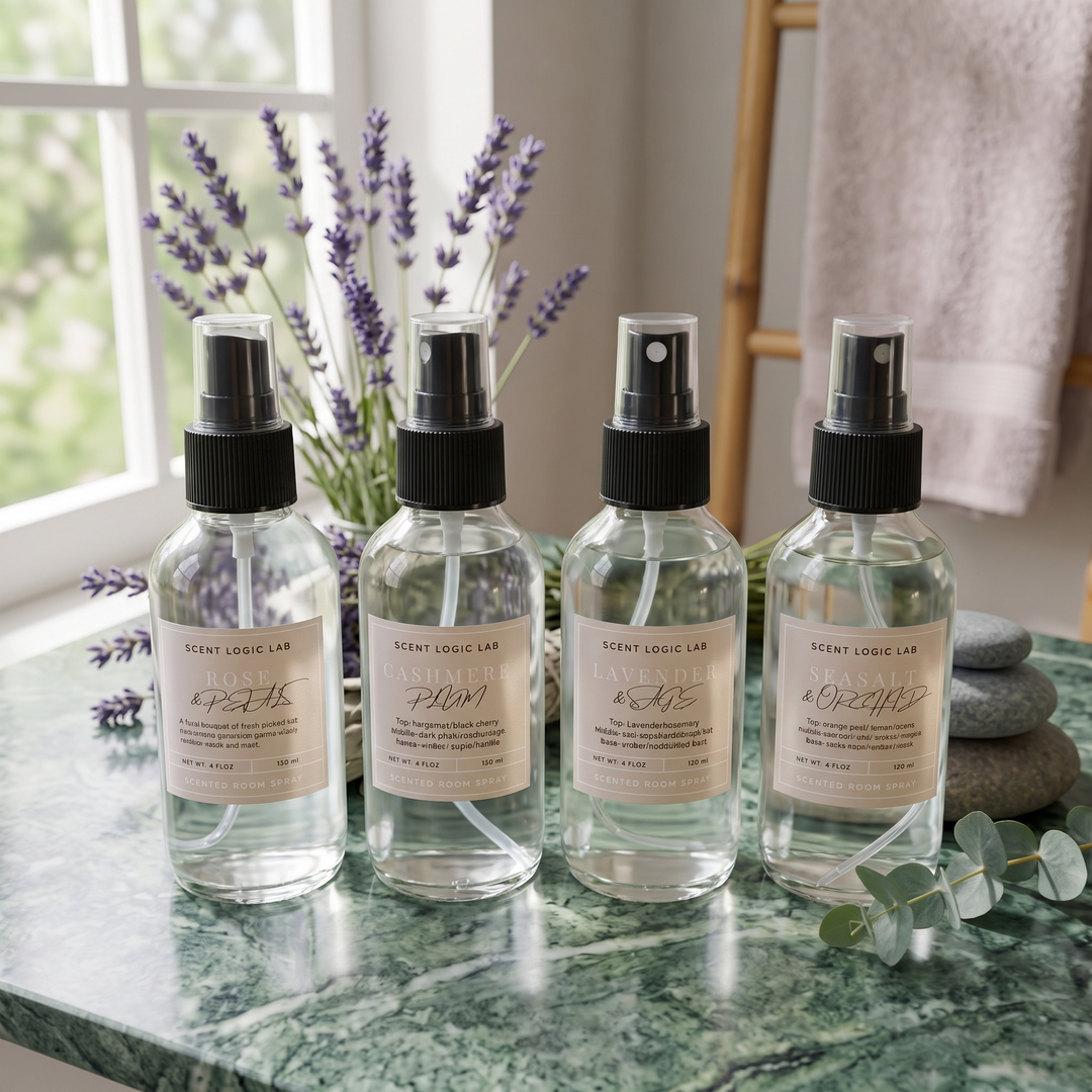 Four clear spray bottles from Scent Logic Lab, labeled &