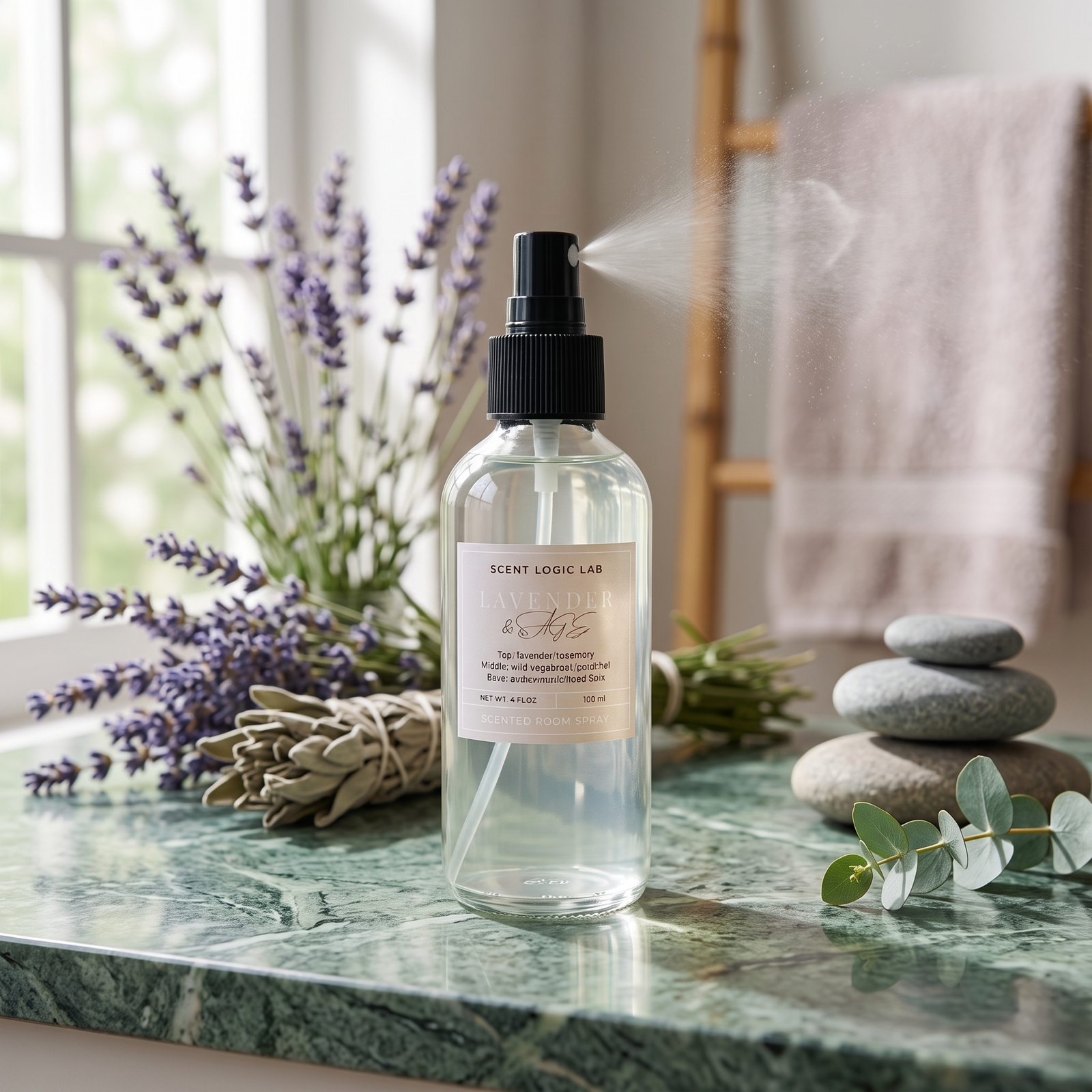 A clear spray bottle labeled Scent Logic Lab Aromatherapy Room Spray, shown spraying mist on a green marble countertop with lavender, sage, and stacked stones in a bright, natural setting.