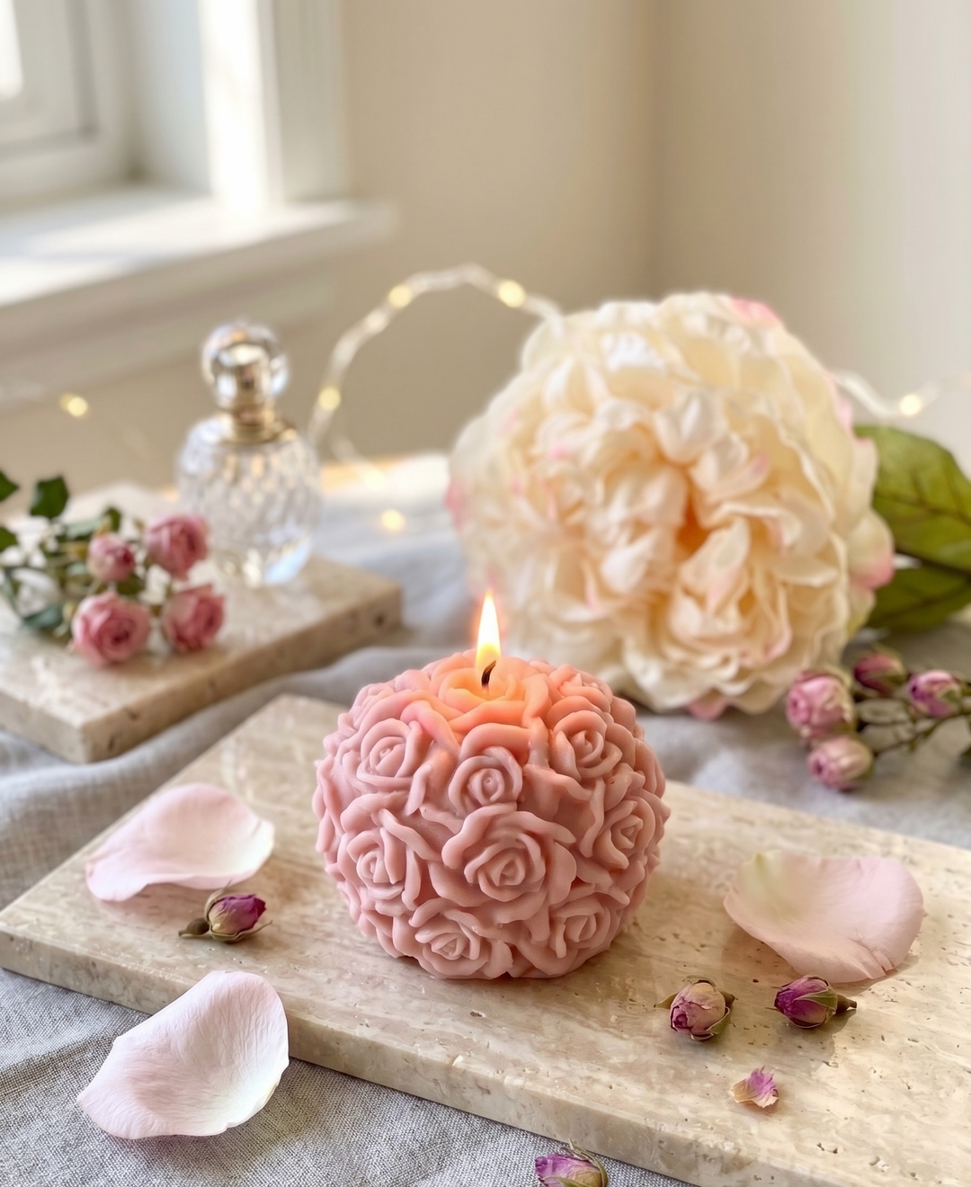 Hand-poured rose blossom sculpture candle in Rose Pink soy wax, side view