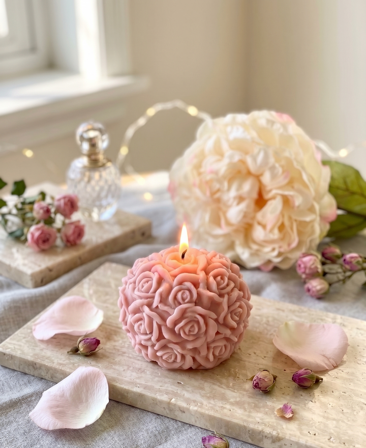 Hand-poured rose blossom sculpture candle in Rose Pink soy wax, side view