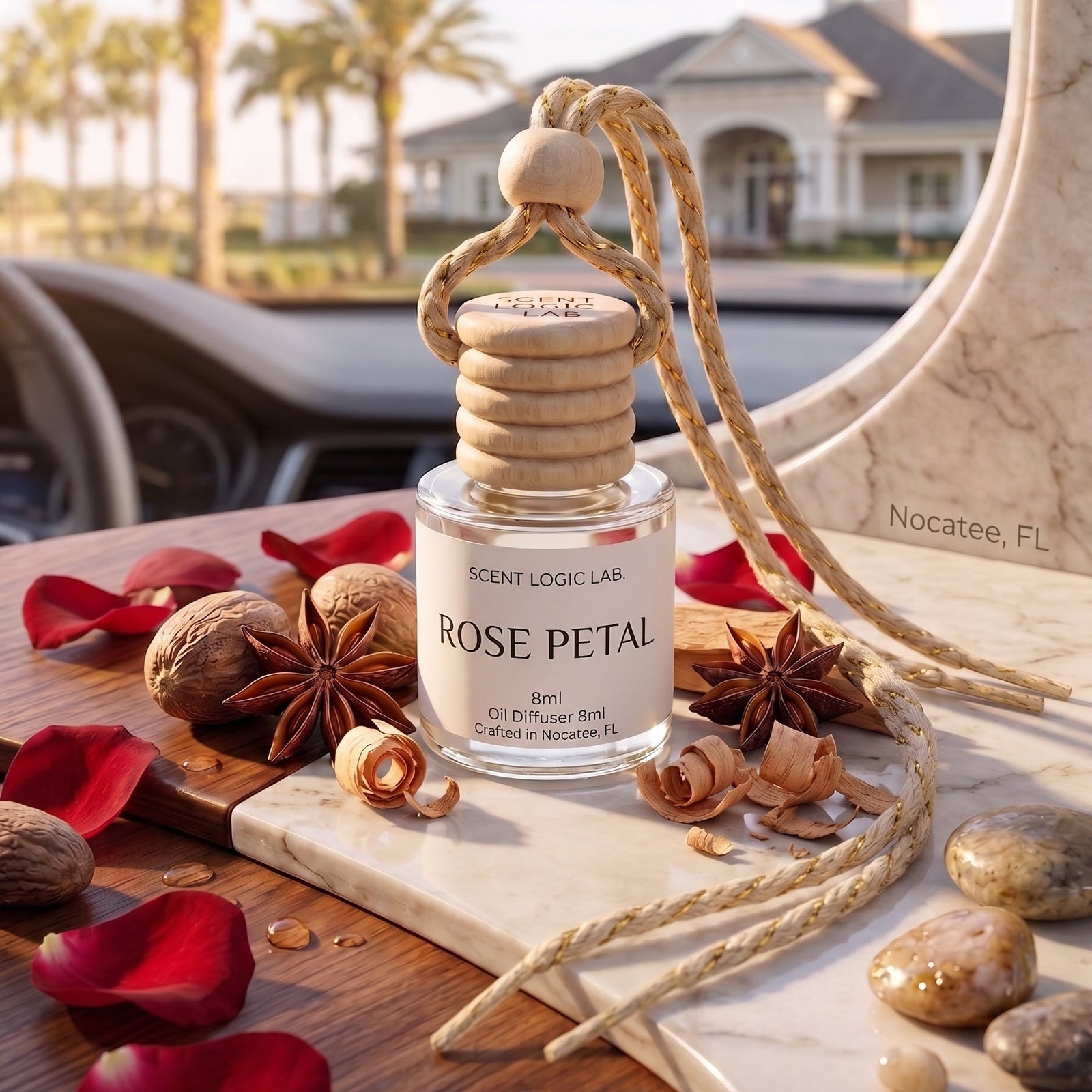 A clear glass reed diffuser bottle labeled SCENT LOGIC LAB ROSE PETAL sits on a marble slab with a wooden stopper and hanging rope, surrounded by red rose petals, star anise, nuts, and stones on a wooden table. A large mirror and blurred outdoor resort scene are in the background.