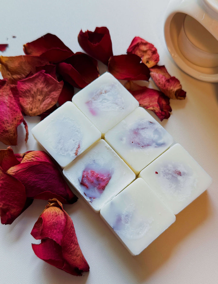 Rose Petal Soy Wax Melts Refill 4 oz — six large cubes with real rose petals, handmade by Crazy About Candles