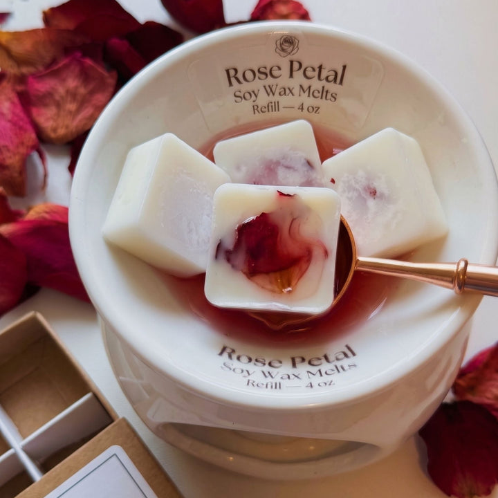 Rose Petal Soy Wax Melts styled as a gift with candles and florals — romantic home fragrance