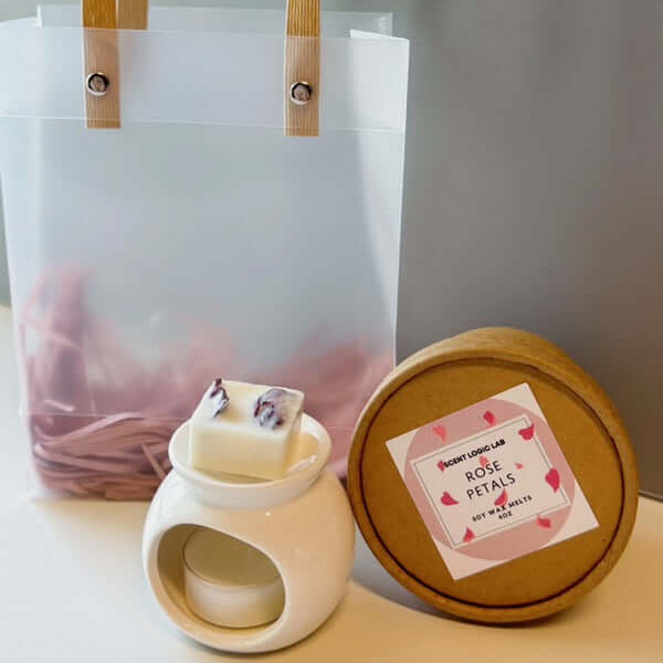Rose Petal Wax Melter Gift Set featuring ceramic melter, soy wax melts, and a chic bag for stylish gifting.