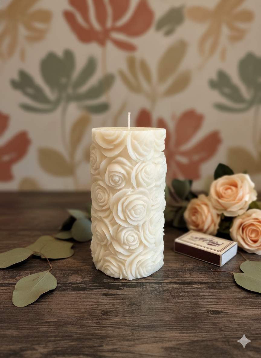 Decorative candle with floral patterns on a wooden surface with flowers and leaves in the background.