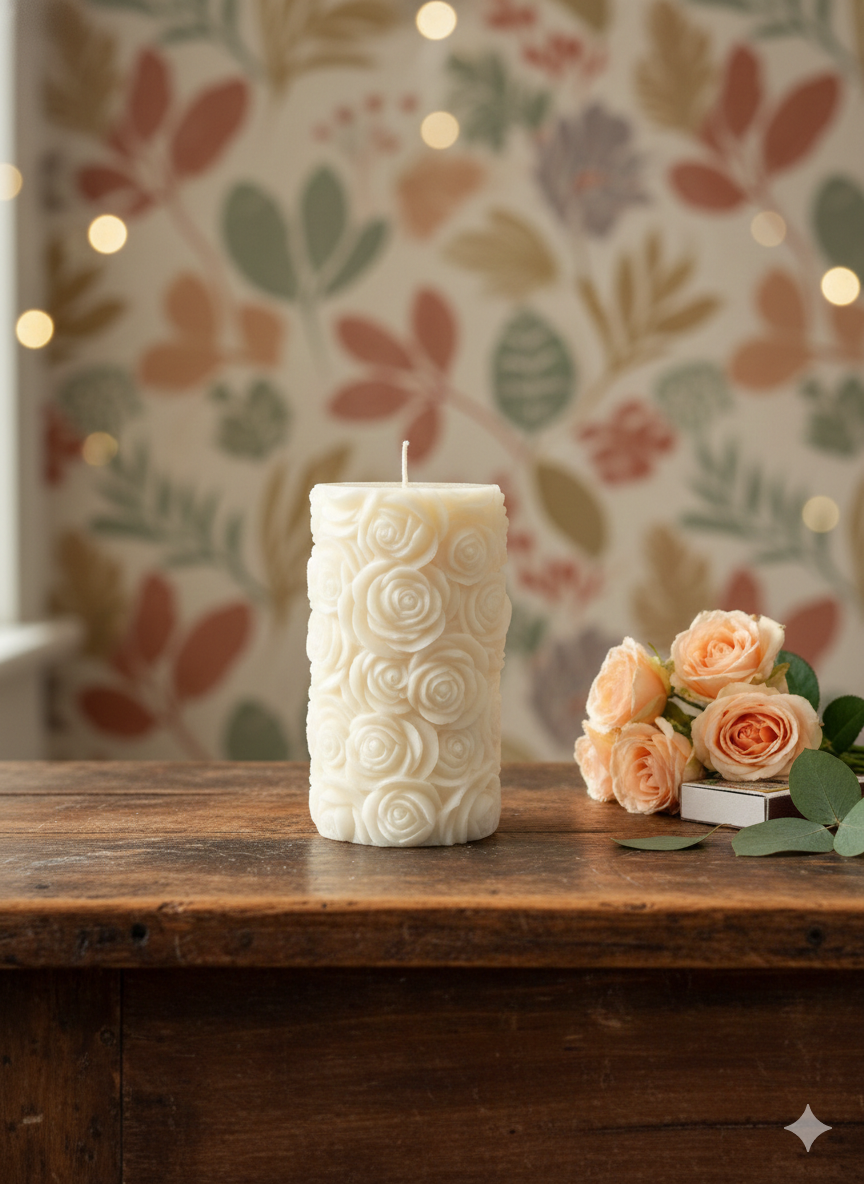 Decorative candle with floral patterns on a wooden surface in front of a floral wallpaper.
