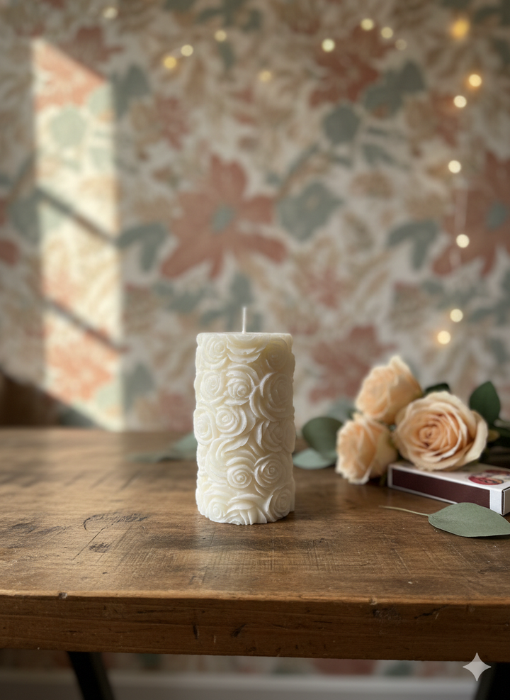 Decorative candle on a wooden table with floral wallpaper and roses in the background