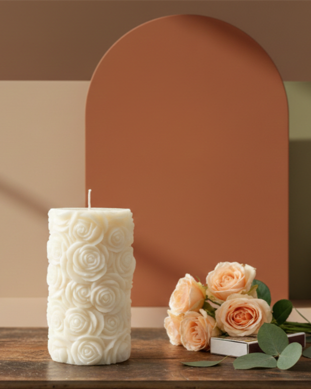 Decorative candle with floral design next to a small bouquet of flowers on a wooden surface.