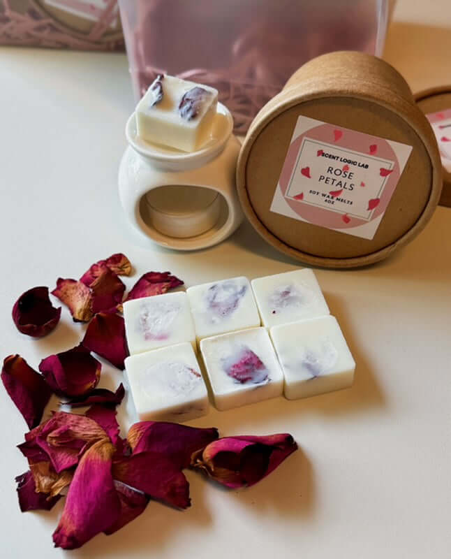 Rose Petal Wax Melter Gift Set with ceramic melter, soy wax melts, and dried rose petals.