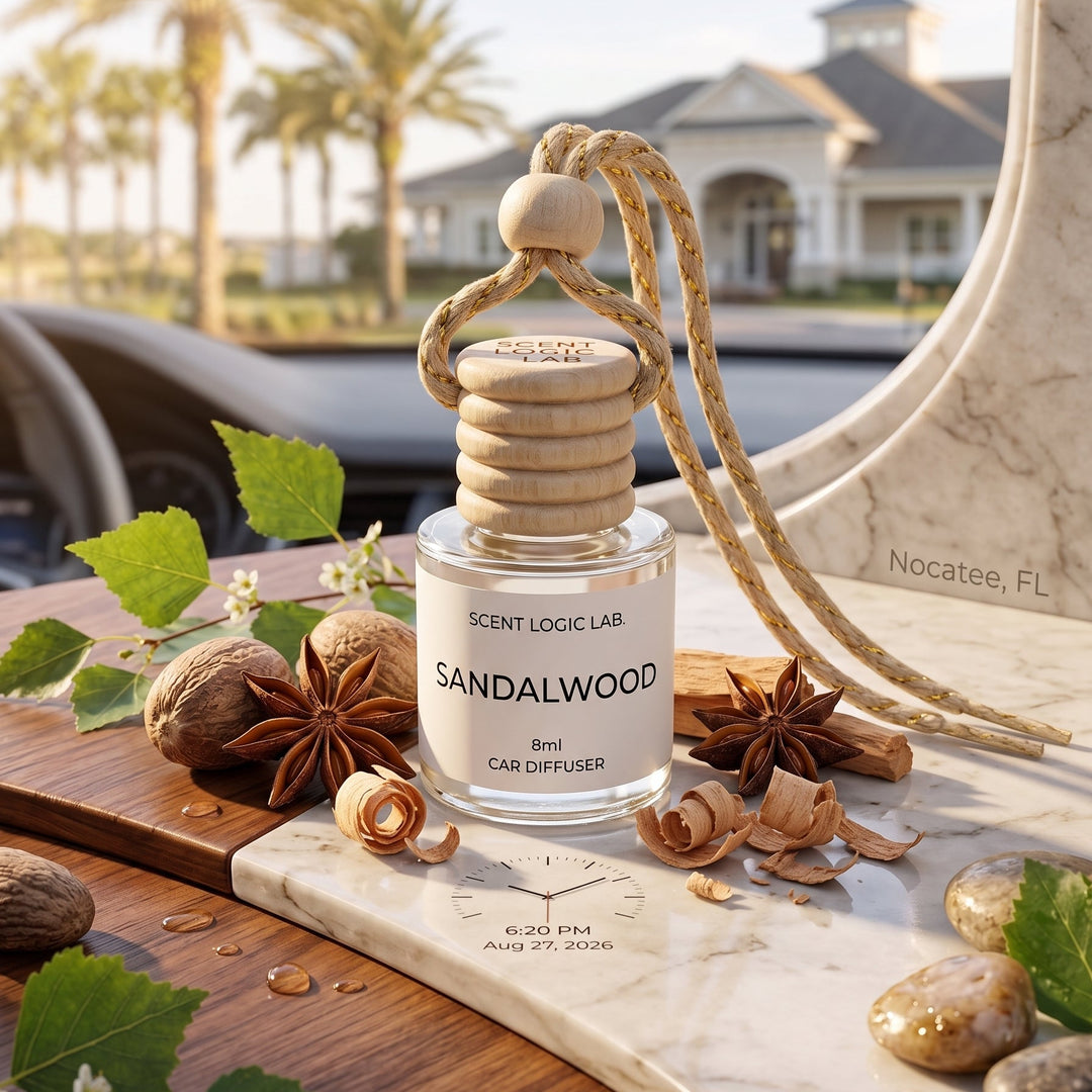 A clear glass car diffuser bottle labeled &