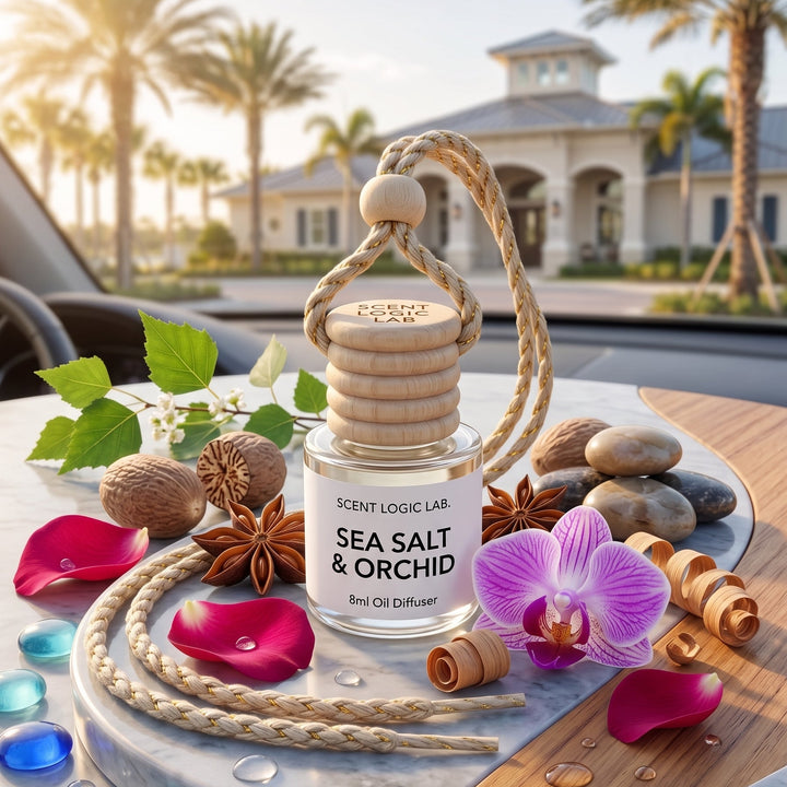 A reed diffuser bottle labeled &