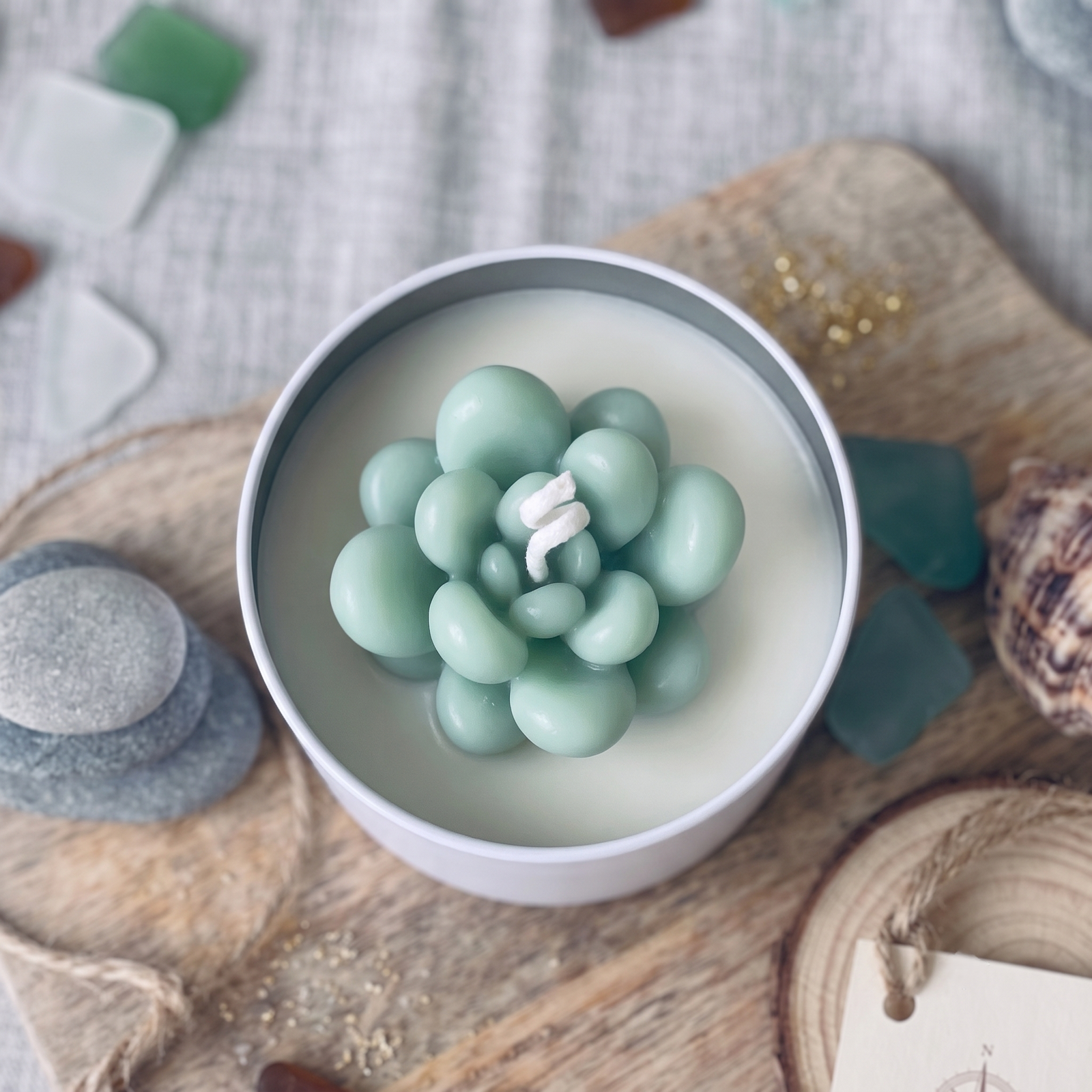 A round white candle tin filled with pale mint-green wax and a sculptural succulent-shaped wax top, styled on a wooden board with stones and beach-themed props.