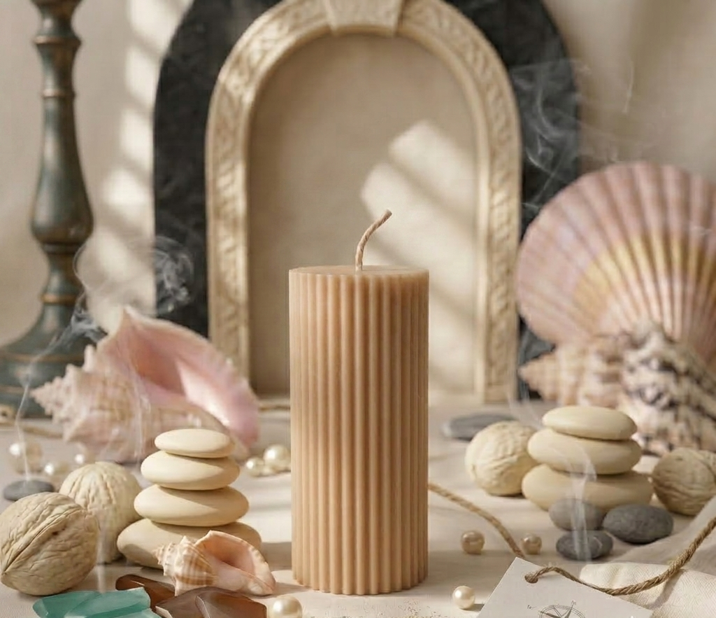 Decorative setup with a ribbed beige candle, seashells, and pebbles on a neutral background