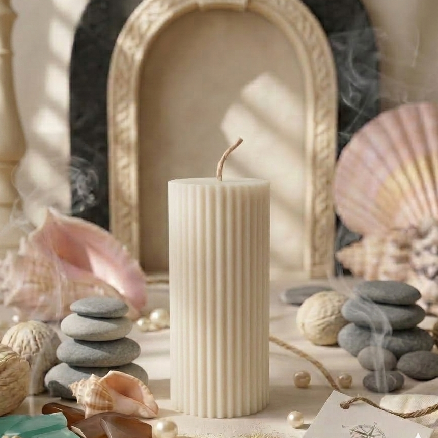 Decorative scene with a ribbed candle, seashells, and stones on a neutral background.