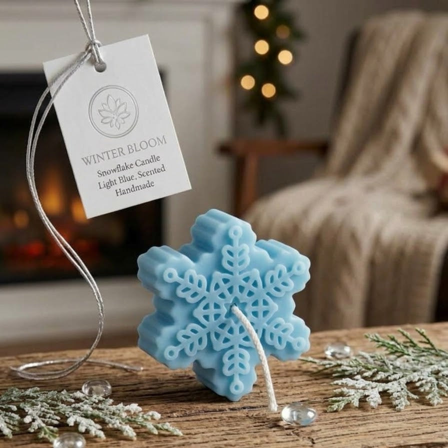 A light blue snowflake-shaped candle with a white wick, displayed on a rustic wooden table with a hanging tag that reads &