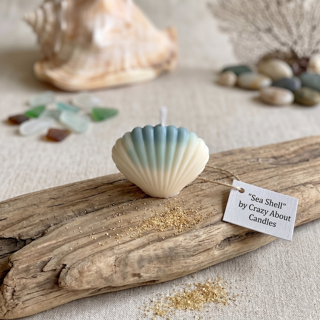 A seashell-shaped candle with a blue-to-cream gradient sits on driftwood with a paper tag reading "Sea Shell" by Crazy About Candles. The scene is styled with sea glass, driftwood, and blurred seashells on a neutral fabric background.